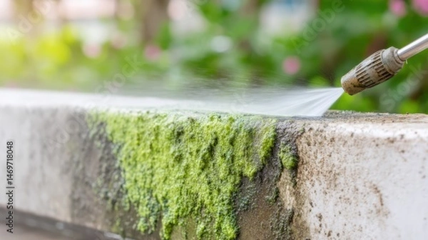 Fototapeta Removing moss from sidewalk slabs using a water jet from a pressure washer