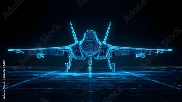 Fototapeta A digital wireframe hologram of a fighter jet on a dark tarmac, glowing blue with detailed lines, showcasing modern aerospace design	