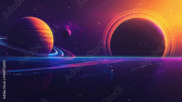 Fototapeta Planets in dark space reflect in purple water. Rings around bright planets AI generative