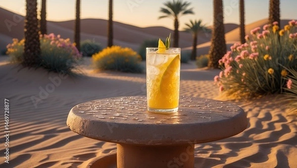 Fototapeta Refreshing Citrus Drink on Table in Desert Oasis at Sunset