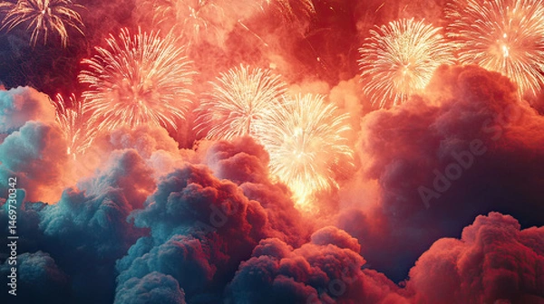 Fototapeta Sky full of Fireworks. Light bursting above clouds. Color explosion. Night celebration. New year holiday. Festive night background. Abstract show. Bursting light. Beautiful sparkles.
