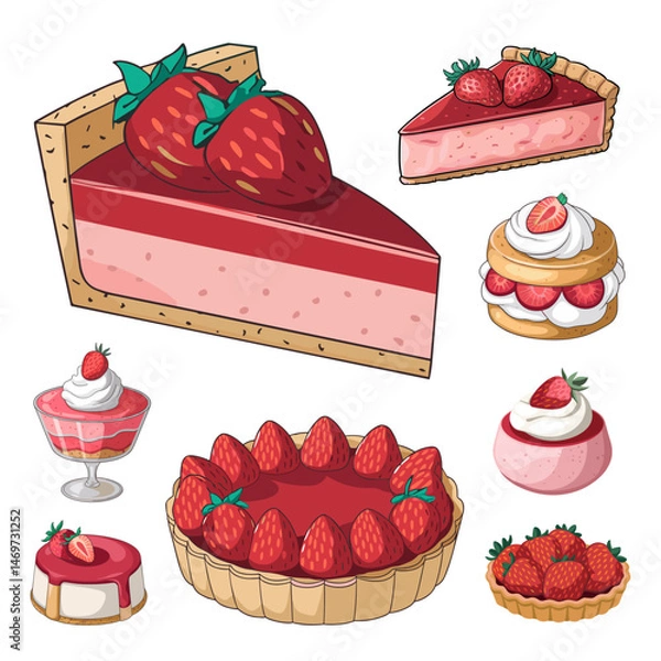 Fototapeta Assorted strawberry desserts in doodle vector style on white background