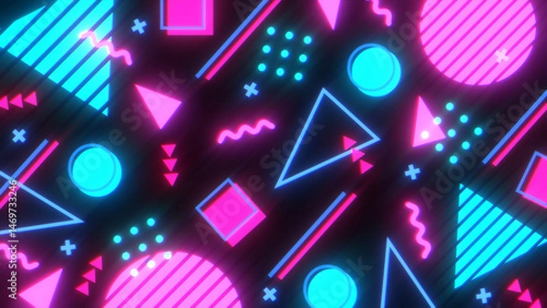 Fototapeta メンフィス風の図形や模様が並ぶレトロな平面構成 - ピンクネオンカラー