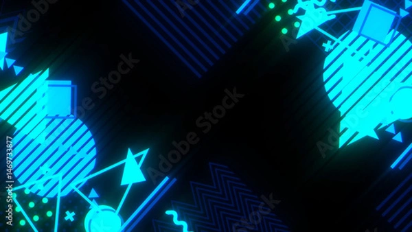 Fototapeta メンフィス風の図形や模様が並ぶレトロなフレーム - ブルーネオンカラー