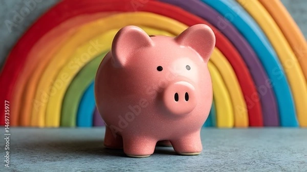 Fototapeta Pink piggy bank in front of a colorful rainbow