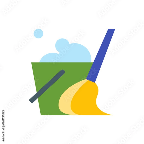 Fototapeta Illustration of a green bucket with bubbles and a blue mop with yellow fringe leaning against it art