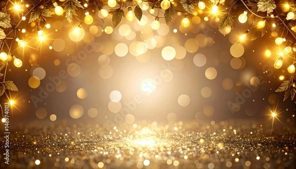 Fototapeta Golden lights and leaves on a dark background with a sparkle holiday frame