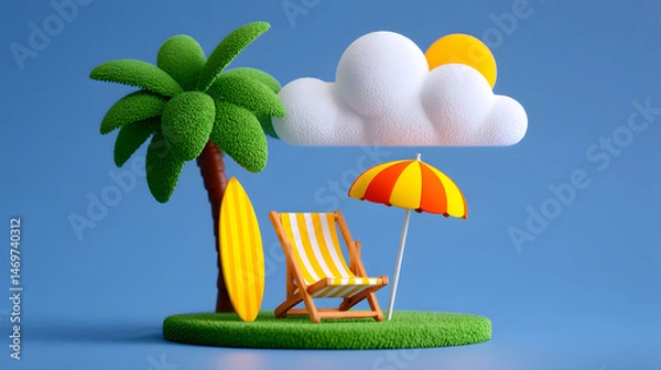 Fototapeta Island coconut tree 3D rendering summer tropical Beginning of Summer solar term illustration