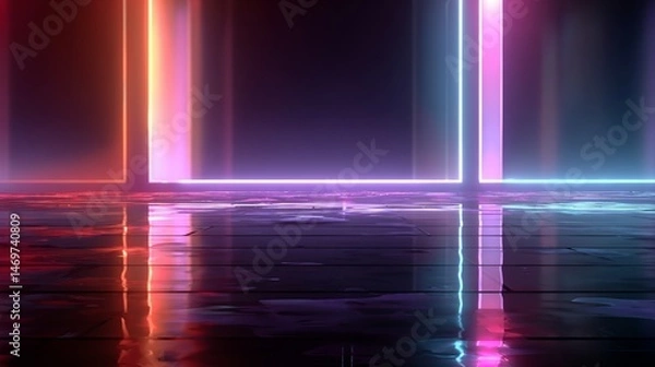 Fototapeta Abstract futuristic background. Night scene with neon, light reflection on floor.