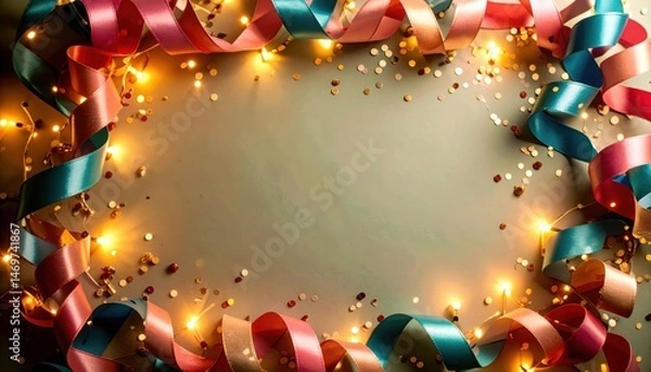 Fototapeta Wreath made of ribbons and lights on a table holiday greeting frame