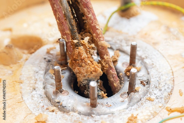 Fototapeta Corrosion and mineral deposits on the heating element of an electric boiler. Boiler maintenance and repair