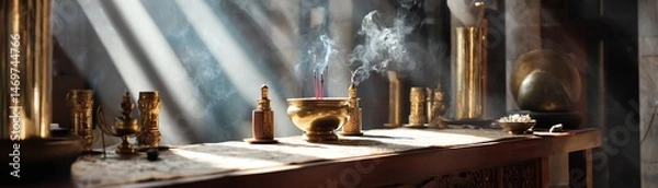 Fototapeta Ancient altar with incense and artifacts.