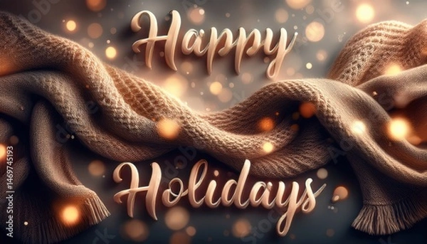 Fototapeta Happy holidays greeting with scarf and lights on a dark background