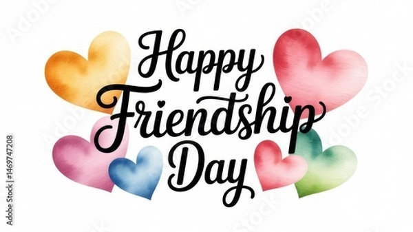 Fototapeta Happy Friendship Day – Watercolor Calligraphy with Pastel Hearts Generative AI