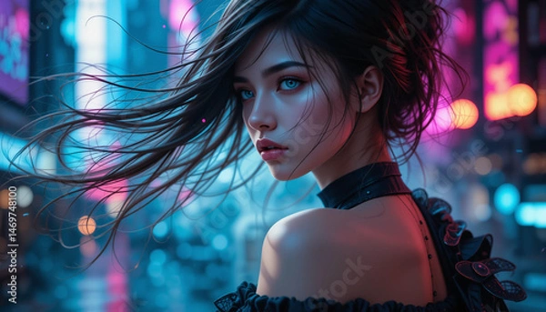 Fototapeta Mysterious Gaze in Neon City: A portrait of a beautiful woman, her captivating eyes illuminated by the city's vibrant neon lights and bustling urban atmosphere, exuding an air of intrigue and allure.