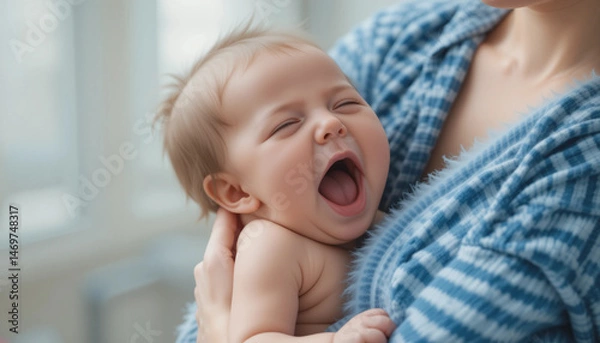 Fototapeta Baby Yawning in Mother's Arms: A heartwarming image of a baby yawning widely while being lovingly held by its mother. The baby's expression is adorable and shows a sense of comfort and security.