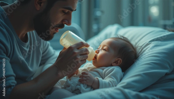 Fototapeta Nurturing Bond: Tender moment captured, as a devoted parent feeds their infant with a bottle, a gentle scene portraying parental love and care.