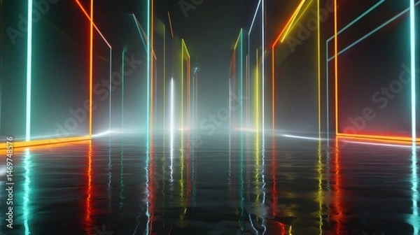 Fototapeta Abstract futuristic background. Night scene with neon, light reflection on floor.