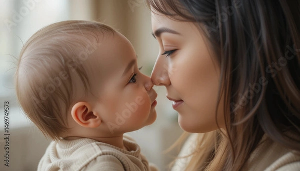 Fototapeta Motherly bond in portrait: A tender close-up captures a loving mother and her baby, their noses gently touching in an intimate display of affection and familial connection.
