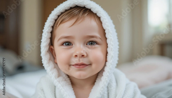 Fototapeta Adorable Baby in Bathrobe: A charming toddler with bright eyes smiles sweetly, wrapped in a cozy white bathrobe hood. The image evokes feelings of warmth, innocence, and pure joy.