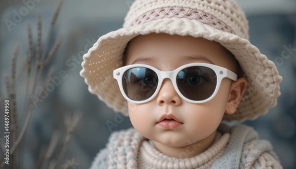 Fototapeta Baby in Sunglasses: A cute baby wearing stylish white sunglasses and a cream hat, looking adorable and playful.  The image captures the innocence and charm of childhood.