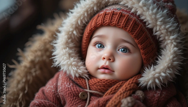 Fototapeta Sweet Baby in Winter Attire: A close-up of a precious baby, swathed in a warm winter ensemble featuring a textured coat, cozy hat, and a soft scarf.