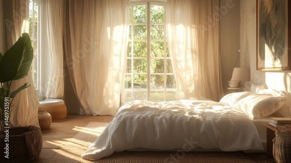Fototapeta Cozy Sunlit Bedroom with White Bedding and Natural Light Pouring Through Elegant Curtains