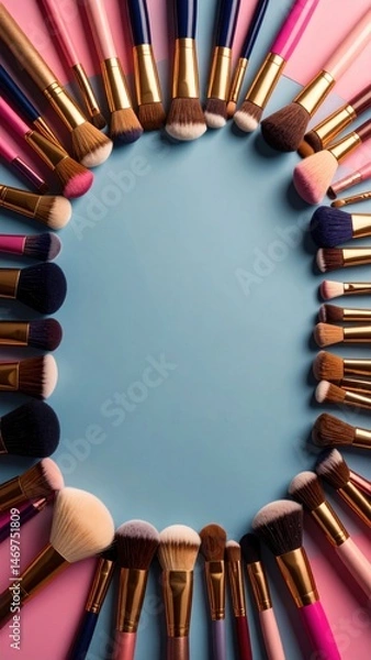Fototapeta A close up of a circle of makeup brushes on a pink background