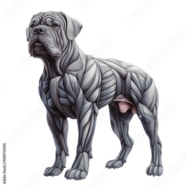 Fototapeta Dog Anatomy Illustration: A detailed and intricate artistic rendering of a powerful dog, showcasing the muscular structure in a grayscale palette.