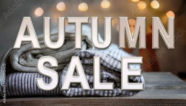 Fototapeta Pile of sweaters on a table with a sale sign