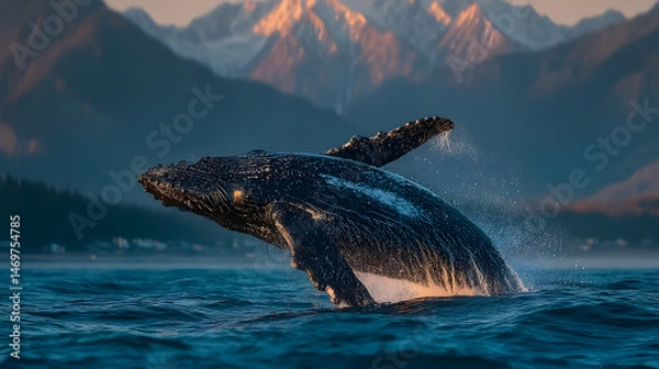 Fototapeta Majestic Humpback Whale Breaching in Mountainous Coastal Waters