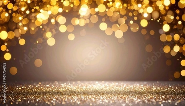 Fototapeta A close up of a gold glitter background with a black background holiday frame