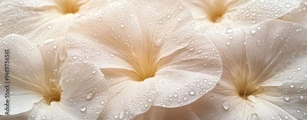 Fototapeta Close up of delicate, creamy white petals covered in water droplets, soft lighting and shallow depth of field.