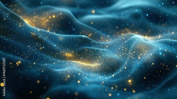 Fototapeta Abstract digital fabric of swirling, glittering particles in deep blue and gold hues.  A dynamic, flowing texture evokes a sense of movement and energy