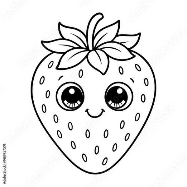 Obraz Sweet Strawberry Delight: A whimsical black-and-white illustration of a cheerful strawberry, complete with cute facial features.  Perfect for adding a touch of sweetness to designs.