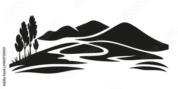 Obraz Mountainous River Landscape With Trees Solid Icon. Nature Scenery Silhouette Symbol. Outdoor Adventure And Environmental Conservation Representation. Isolated Vector Illustration