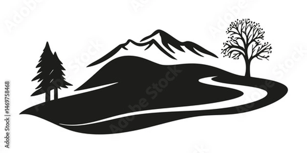 Obraz Mountain Landscape With Trees And River Solid Icon. Nature And Outdoors Silhouette Symbol. Scenic Wilderness, Hiking, And Adventure Illustration. Isolated Vector Illustration