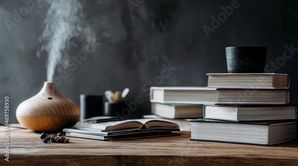 Fototapeta Cozy reading nook with books and diffuser.