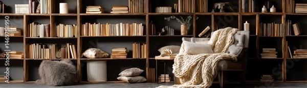 Fototapeta Cozy reading nook with books and soft decor.