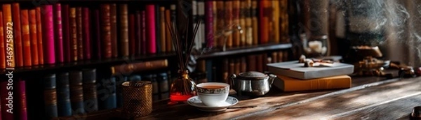 Fototapeta Cozy reading nook with books and tea.