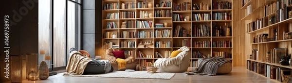 Fototapeta Cozy reading nook with books and soft seating.
