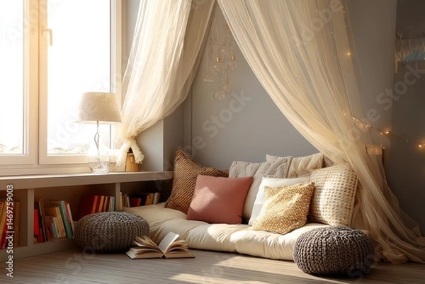 Fototapeta Cozy reading nook with natural light.