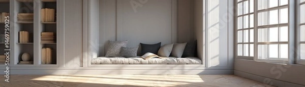 Fototapeta Cozy reading nook with natural light and cushions.