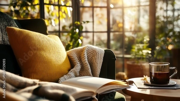 Fototapeta Cozy reading nook with warm sunlight and coffee.