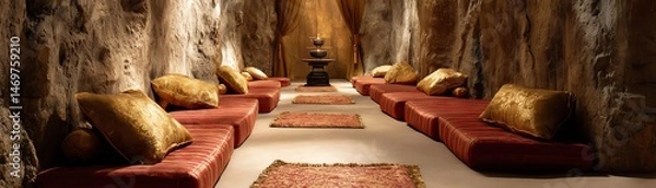 Fototapeta Cozy relaxation space with cushions and rugs.