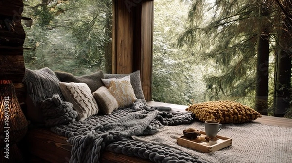 Fototapeta Cozy retreat with cushions and nature view.
