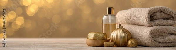 Fototapeta Cozy spa setting with towels and accessories.