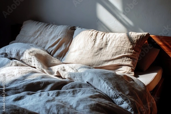 Fototapeta Cozy unmade bed with soft pillows and blankets.