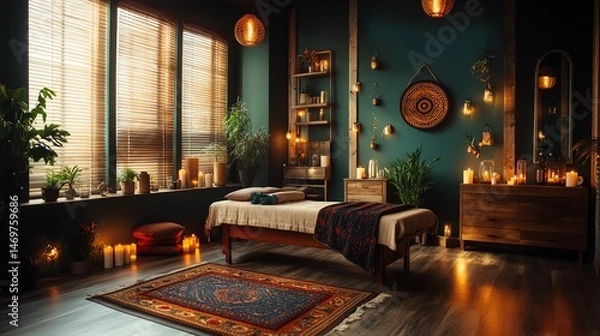 Fototapeta Cozy wellness space with warm ambient lighting.