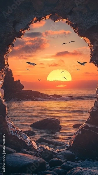 Obraz Stunning sunset over the ocean, with the sun setting in the background and the sky filled with bir